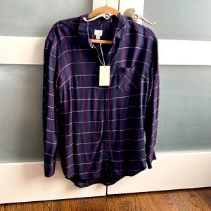 a new day Plaid Soft Tunic Length Plaid Long Sleeve Button-up Top. NWT. Size M